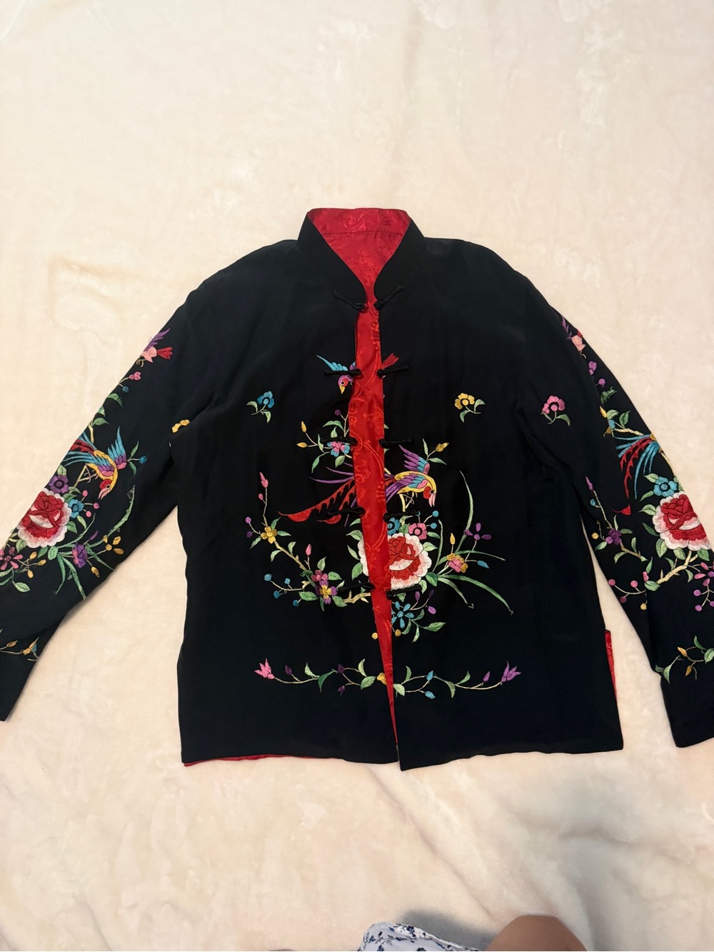 Vintage Embroidered Black and Red Mandarin Collar Jacket